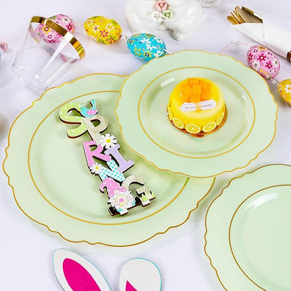 Liacere 350PCS Light Green Plates - Disposable Green and Gold Plastic Plates 50guest Baroque Dinnerware include 100Plates,50Pack Pre Rolled Napkins with Silverware 50Cups for Mother's Day