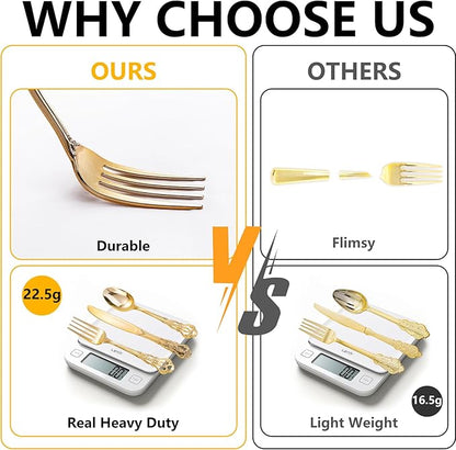 150 Pieces Gold Plastic Silverware - Heavy Duty Gold Disposable Utensils - Fancy Plastic Cutlery Set Includes 50 Forks, 50 Spoons, 50 Knives for Holidays Parties Weddings