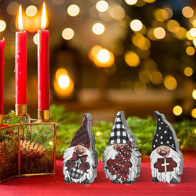 Smile 3 Pcs Wooden Blocks Christmas Signs, Gnomes Gifts Tiered Tray Decorations, for Home Table Shelf.