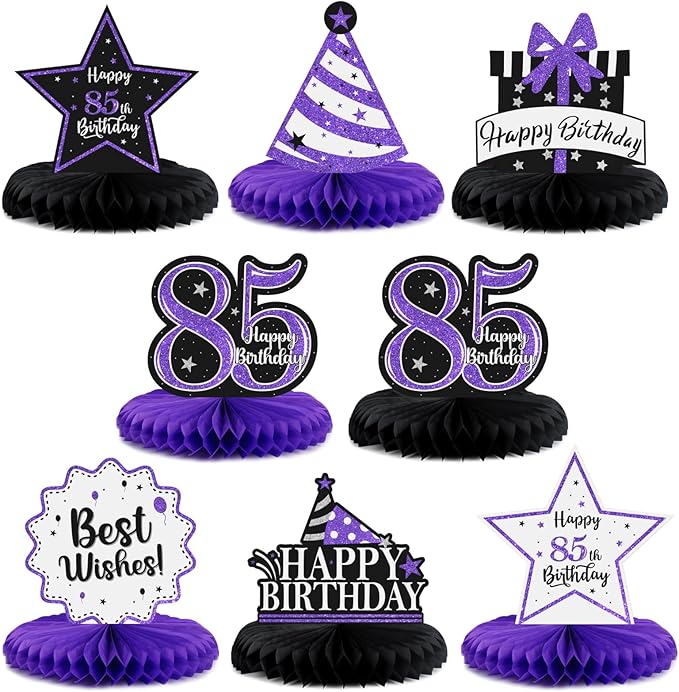 Happy 85th Birthday Decorations,85th Bday Purple Glitter Shiny Stand Honeycomb Table Centerpieces - Cheers to 85 Years Old Birthday Party Photoprop Gift Sign.