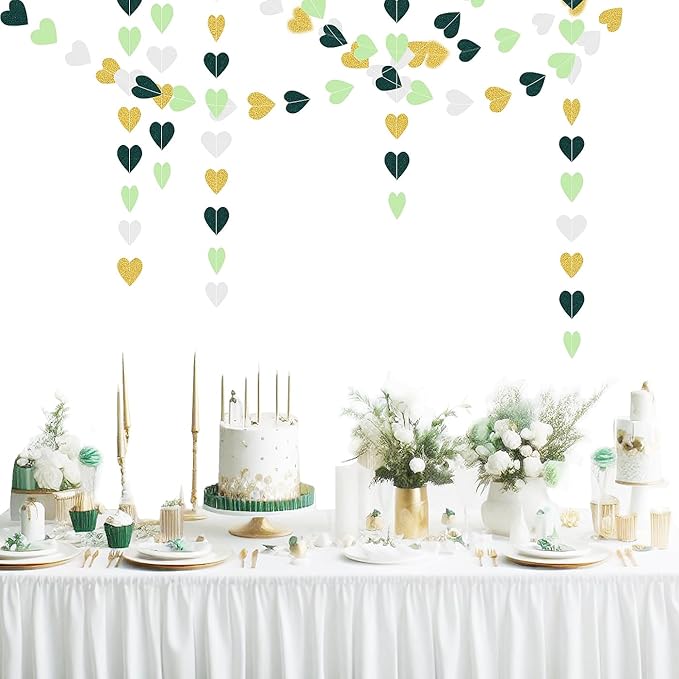 Sage-Green White Gold Party Decorations – 52Ft Paper Heart Garland Streamer Birthday Banner Engagement Bachelorette Wedding Baby Bridal Shower Valentines Day Hanging Decor
