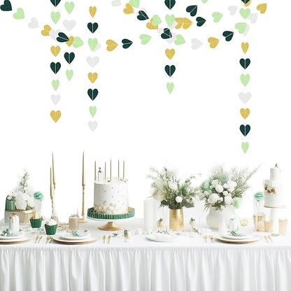 Sage-Green White Gold Party Decorations – 52Ft Paper Heart Garland Streamer Birthday Banner Engagement Bachelorette Wedding Baby Bridal Shower Valentines Day Hanging Decor