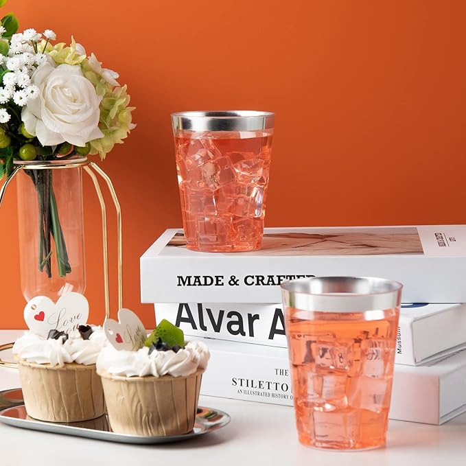 I00000 200pcs Silver Disposable Plastic Cups 10 oz Clear Plastic Cups Old Fashioned Tumblers Silver Rim Cup Disposable Elegant Silver Wine Glasses Cocktail Cup