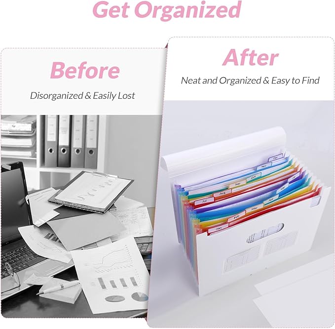 SKYDUE Accordion File Organizer, Expanding File Folder with 13 Pockets, Portable Document Paper Bill Receipt Organizer, Home School Office Supplies, Letter A4 Size White