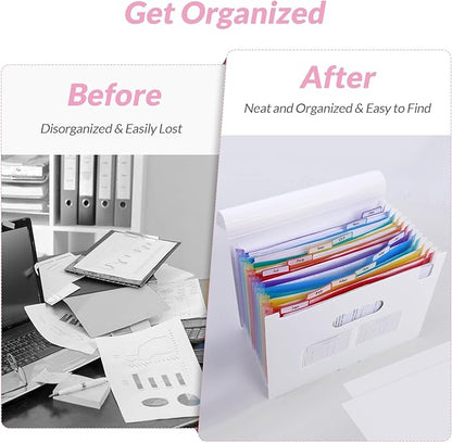 SKYDUE Accordion File Organizer, Expanding File Folder with 13 Pockets, Portable Document Paper Bill Receipt Organizer, Home School Office Supplies, Letter A4 Size White