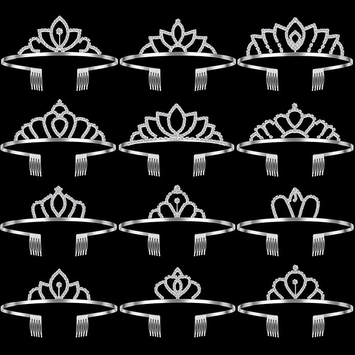 Remuuly 12 Pcs Princess Tiara for Women Silver Queen Tiara Rhinestone Hair Accessories, Princess Headbands Bulk for Bridal Wedding Birthday Prom Christmas Party, with Comb