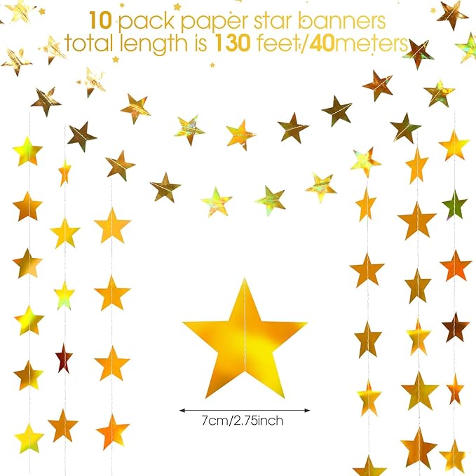 Patelai Glitter Star Garland Banner Christmas Decor 130 Feet Star Hanging Bunting Banner Twinkle Backdrop for Homecoming Classroom Wedding Birthday Halloween Party Supplies(Iridescent Gold)