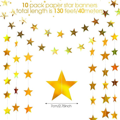 Patelai Glitter Star Garland Banner Christmas Decor 130 Feet Star Hanging Bunting Banner Twinkle Backdrop for Homecoming Classroom Wedding Birthday Halloween Party Supplies(Iridescent Gold)