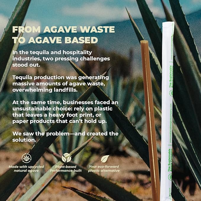 Sustainable Agave Co - Agave Fiber Individually Wrapped Drinking Straws - 1000 Count - Plant-Based, Made With Upcycled Materials, Reusable - Brown, Jumbo, 8"