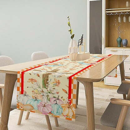 Watercolor Pumpkin Table Runner Fall Flowers Falling Leaves Cross Harvest Season Thanksgiving Rustic Home Decor for Farmhouse Indoor Outdoor Party Holiday Dining Kitchen Restaurant Cafe W13xL60in