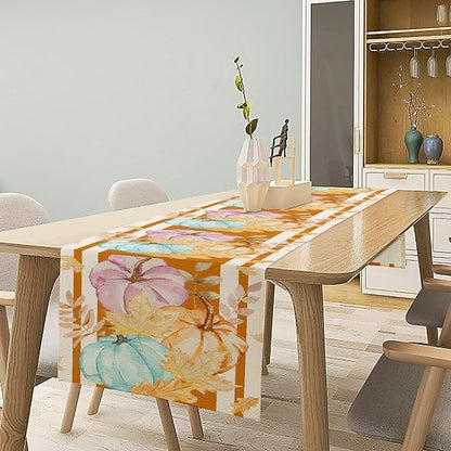 Watercolor Pumpkin Table Runner Rustic Farmhouse Autumn Plants Colorful Leaves Pastoral Harvest Theme Home Decor for Farmhouse Indoor Outdoor Party Holiday Dining Kitchen Restaurant Cafe W13xL36in