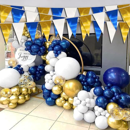 130FT Navy-Blue White Gold Triangle Pennant Banner Flag Metallic Fabric Bunting Garland for Christmas Graduation Retirement Birthday Wedding Bridal Shower Nautical Ahoy Achor Party Decorations Supply
