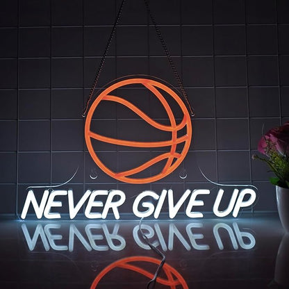 Never Give Up Basketball Neon Signs for Wall Decor,Dimmable LED Neon Light for Room Decor,Boys,Men,17x10.2 inch,5V USB Powered, Sports Neon Signs for Bedroom Classroom ManCave Bar