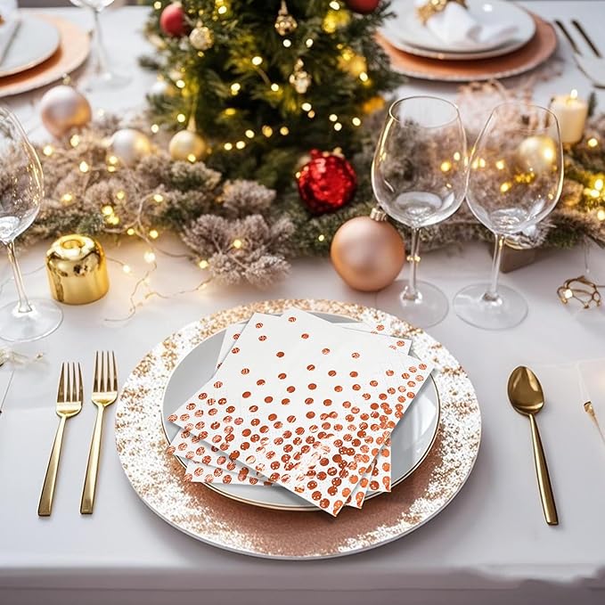 100 Pcs Unfold Size 13x13 Inch Disposable White Rose Gold Dot Paper Napkins