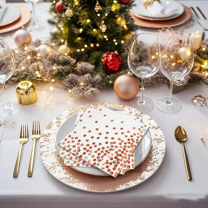 100 Pcs Unfold Size 13x13 Inch Disposable White Rose Gold Dot Paper Napkins