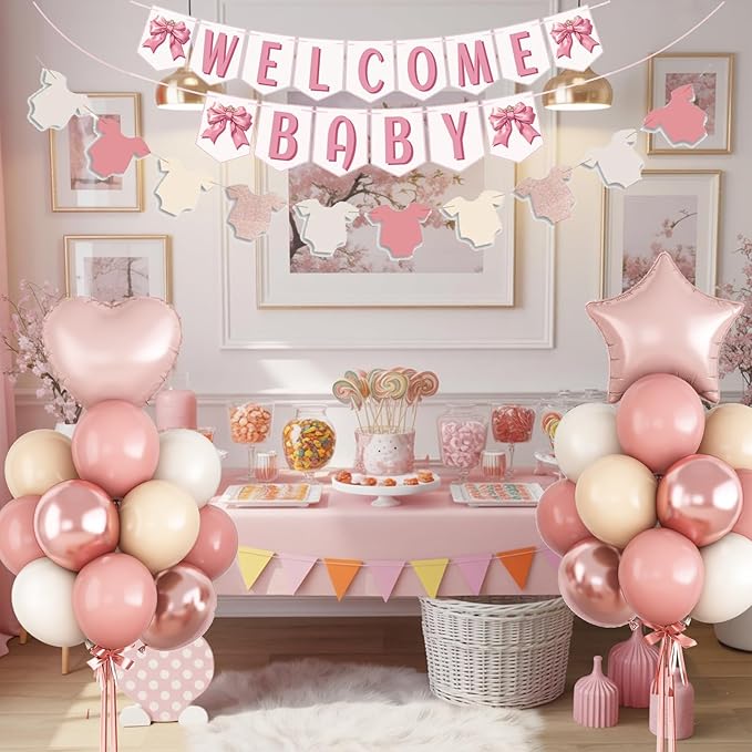 Dusty Pink Baby Shower Decorations Oh Welcome Baby Girls Balloon Set with Star Heart Foil Balloons Bunting Banner Bodysuit Garland Bow Boho Blush Beige Rose Gold White Sand Gender Reveal Party Boys