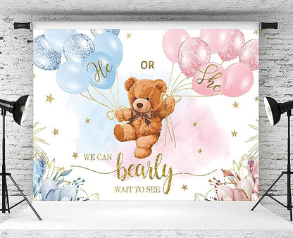 12x8ft Gender Reveal Backdrop Baby Bear Boy or Girl Photography Background Baby Shower Party Blue and Pink Banner Decorations Supplies Photo Booth Props