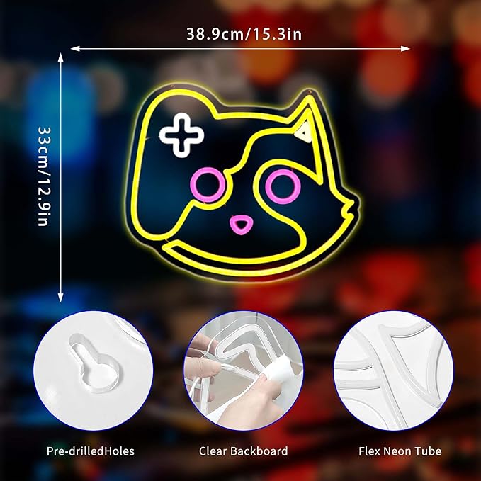 Game Cat Neon Sign, Neon Signs for Wall Decor Neon Lemon Yellow LED Signs Gaming Room Neon Light Up Signs Home Decor for Bedroom Club Party Bar Shop USB Operated