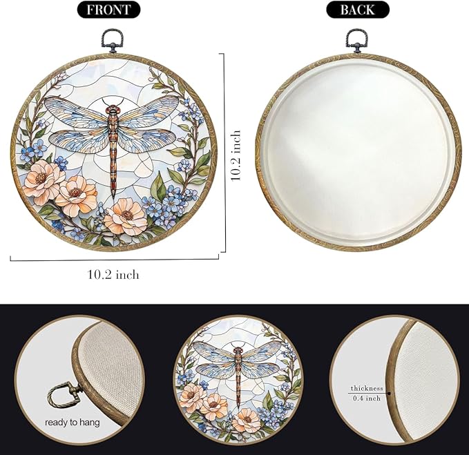 Cute Flower Dragonfly Gifts for Women Men, Garden Dragonfly Decor Framed Round Wall Decor Canvas Wall Art Hanging Prints Artwork for Home Farmhouse Bedroom Bathroom Door Decorations 10.2X10.2 Inch