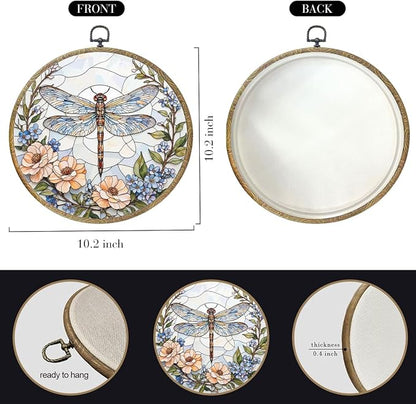Cute Flower Dragonfly Gifts for Women Men, Garden Dragonfly Decor Framed Round Wall Decor Canvas Wall Art Hanging Prints Artwork for Home Farmhouse Bedroom Bathroom Door Decorations 10.2X10.2 Inch