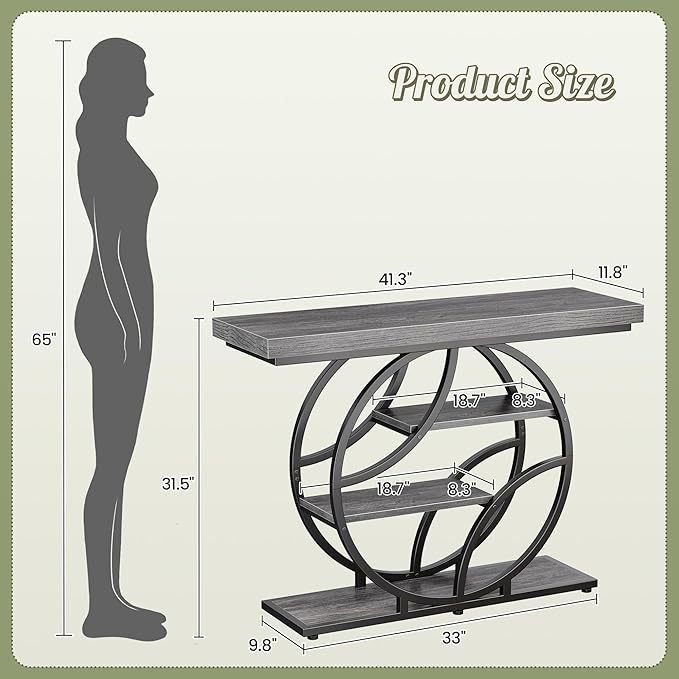 Huuger 41.3 Inch Entryway Table, Modern Console Sofa Table, Accent Table with Shelves, for Entry, Hallway, Entrance, Foyer, O-Shaped Metal Frame, Light Grey