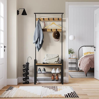 VASAGLE Coat Rack, Hall Tree with Shoe Bench for Entryway, Entryway Bench with Coat Rack, 4-in-1, with 9 Removable Hooks, a Hanging Rod, 13.3 x 28.3 x 72.1 Inches, Honey Brown and Black UHSR040B05