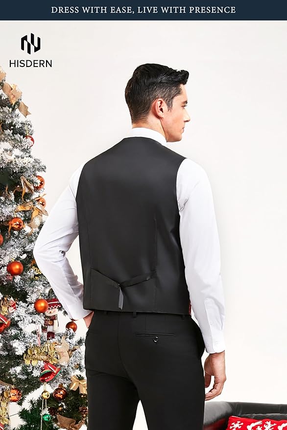 HISDERN Men's Suit Vest Christmas Holiday Season Party Jacquard Waistcoats Necktie Pocket Square Vest Suit Set