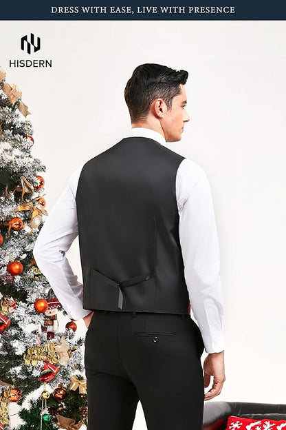 HISDERN Men's Suit Vest Christmas Holiday Season Party Jacquard Waistcoats Necktie Pocket Square Vest Suit Set