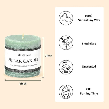 3x3 Inch Sage Green Pillar Candles - Set of 3, Long Clean Burning, Smokeless Dripless Candles for Spring Home Decor, Dinner Table, Bathroom, Rustic Decor