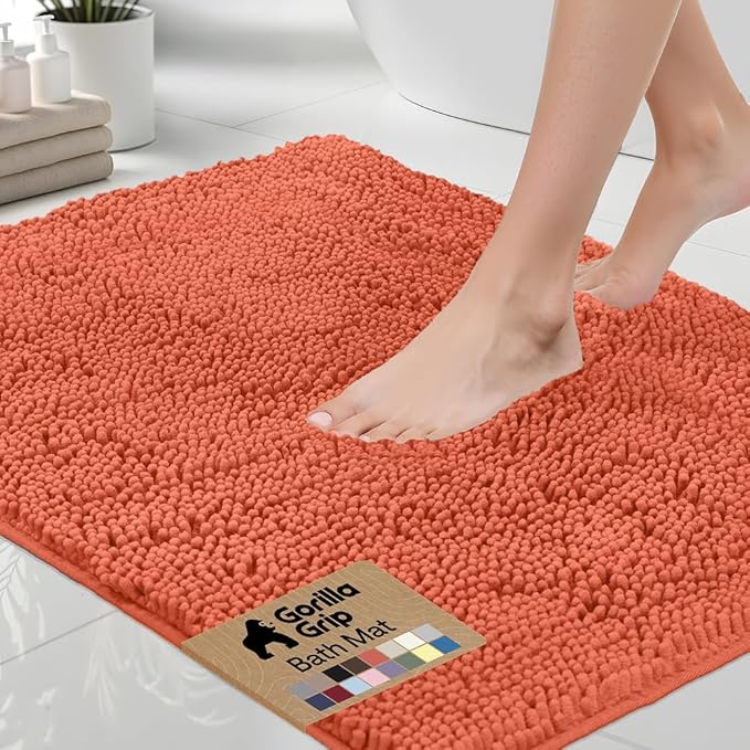GORILLA GRIP Bath Rug Mat 36x24, Thick Soft Absorbent Chenille, Quick Dry Microfiber Mats, Rubber Backing Washable Shower Floor Rugs, Bathmat Runner, US Designed Bathroom Home Decor Accessories Coral