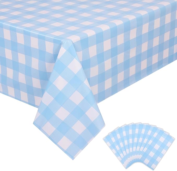 Kesfey 9 Packs Light Blue Gingham Tablecloth Pale Blue and White Checkered Tablecloths 54 x 108 Inches Disposable Plastic Gingham Tablecovers Waterproof Rectangle Picnic Table Cover for Birthday Party