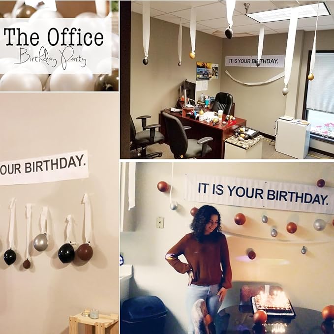 It is Your Birthday Banner, The Office Dwight Theme Husband Boyfriend Office Birthday Party Decorations, Brown Black Grey Balloons White Crepe Streamers and Tape, Office Parties, Retirement 49Pcs
