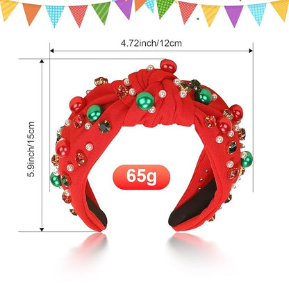 Christmas Headbands for Women, Beaded Pearl Rhinestone Crystal Jeweled Hairband, Festive Headbands for Women, Pearl Hair Accessory, Fashion Elegant Ladies Wide Top Knot Hair Bands. (Green, Medium)