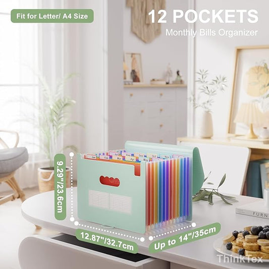 ThinkTex Accordion File Organizer, 12 - Pocket Expanding File Folders for Paper Receipts, Bills & Taxes Organizer, Letter/A4 Size Document Holder for School, Office, Home with tabs-Sage Green