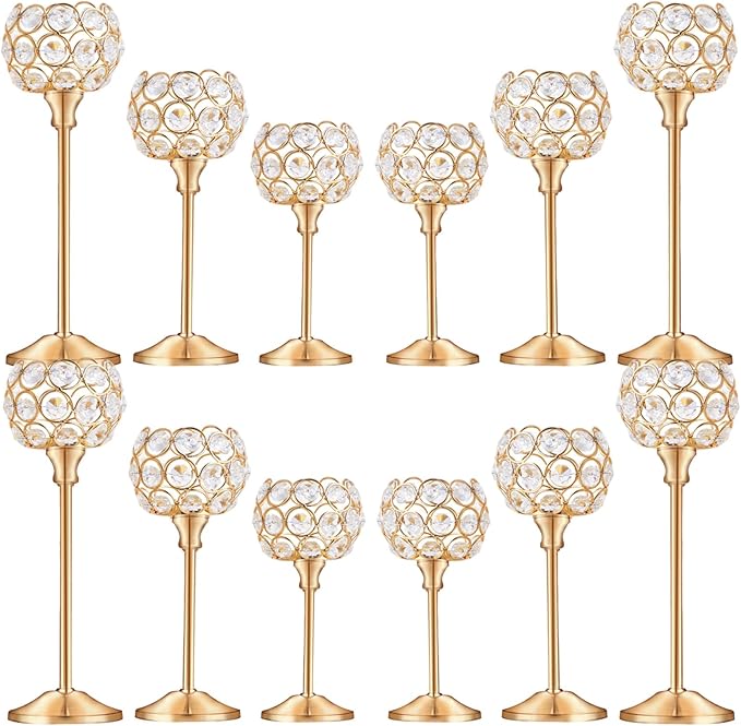 Crystal Candle Holders Set of 3 for Wedding Centerpieces Gold Or Silver Candle Holders Bulk Decorative Tealight Candle Holder for Wedding, Party,Table Centerpieces Decoration (Golden, 4Sets(12 Pcs))