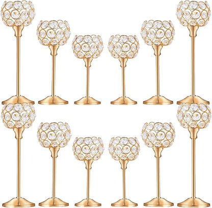 Crystal Candle Holders Set of 3 for Wedding Centerpieces Gold Or Silver Candle Holders Bulk Decorative Tealight Candle Holder for Wedding, Party,Table Centerpieces Decoration (Golden, 4Sets(12 Pcs))