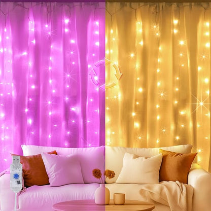 Color Changing Curtain Lights, Pink Room Decor 8 Modes LED String Lights for Garden, Teen Girls' Room, Party, Window, Wall, Valentines Day and Christmas Decor(Warm White and Pink)