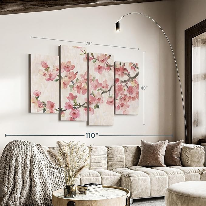 Elephant Stock Cherry Blossom Composition I Wall Art - Horizontal Canvas - 4-Piece Living Room Wall Decor - Branch Painting Canvas Print - Pink and Green Decor for Wall by Tim O'Toole - 75" X 48"
