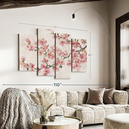 Elephant Stock Cherry Blossom Composition I Wall Art - Horizontal Canvas - 4-Piece Living Room Wall Decor - Branch Painting Canvas Print - Pink and Green Decor for Wall by Tim O'Toole - 75" X 48"