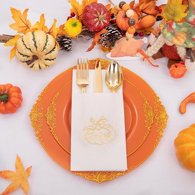 100PCS Thanksgiving Napkins Disposable - White and Gold Paper Napkins with Built-in Flatware Pocket Prefolded Cloth Like - Heavy-duty Linen-Feel Dinner Napkins for Thanksgiving & Dinner