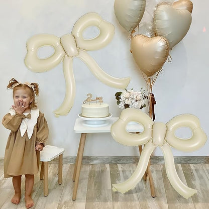 4 Pcs Bow Birthday Decorations Cream Bow Balloons for Girl Women Bow Themed Party Decorations Giant Foil Beige Balloons for Birthday Baby Shower Gender Reveal Wedding Decor Party Supplies