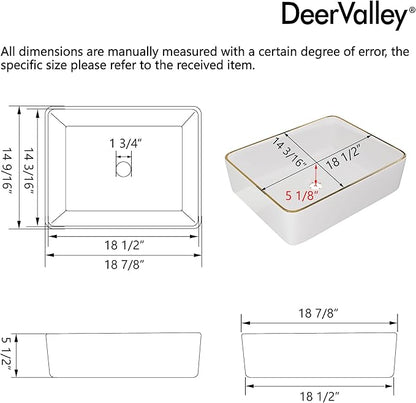 DeerValley 19x15 Inch Rectangular Vessel Sink, White Ceramic Bathroom Sink with Gold Trim, Above Counter Modern Basin, DV-1V0365