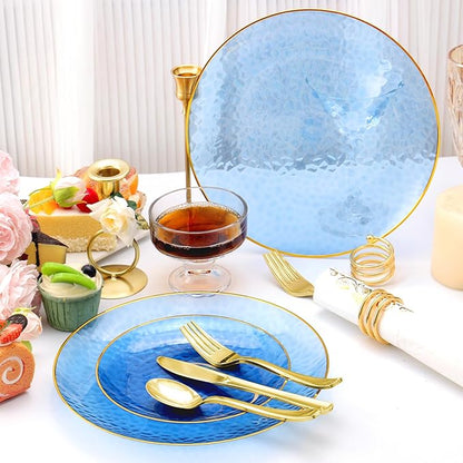 150 Pcs Blue Plastic Dinnnerware Set for 25 Guests - Clear Blue Plastic Plates Disposable with Gold Trim - Fancy Disposable Plates for Party Wedding Birthday Thanksgiving