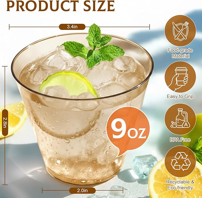 150 Pack Plastic Cups 9 oz Brown Clear Plastic Cups for Cocktail Fancy Disposable Cup for Party Stemless Wine Glasses for Wedding Thanksgiving Christmas Party Graduation