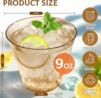150 Pack Plastic Cups 9 oz Brown Clear Plastic Cups for Cocktail Fancy Disposable Cup for Party Stemless Wine Glasses for Wedding Thanksgiving Christmas Party Graduation