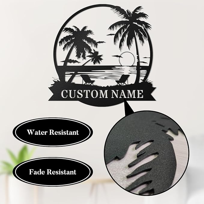 Custom Beach Metal Sign - Personalized Family Name Sign, Tropical Palm Trees Sign, Custom Last Name Sign, Beach Coastal Lake House Decor, Gift for Mother's Day, Housewarming Wedding Outdoor Patio Pool