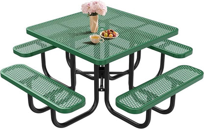 47'' Heavy-Duty Metal Picnic Tables with Umbrella Hole, Outdoor Steel Heavy Duty Commercial Grade Black Table, Outdoor Bench Set for Lawn, Patio, Park, Yard, Garden, Porch (Set C, Square)