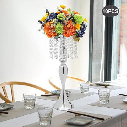 Wedding Centerpieces Gold Vases,10PCS Metal Flower Candle Holder with Sparkling Crystal Beads,Crystal Flower Vase Metal Flowers Stand for Party Tables Decorations (10PCS-Sliver-17cm)