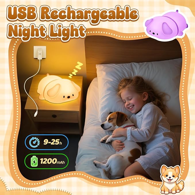 One Fire Squishy Silicone Dog Night Light for Kids—16-Color Gradient Breathing Lamp with 25Hr Battery, Tap Control & Portable Design for Nursery/Bedroom/Travel