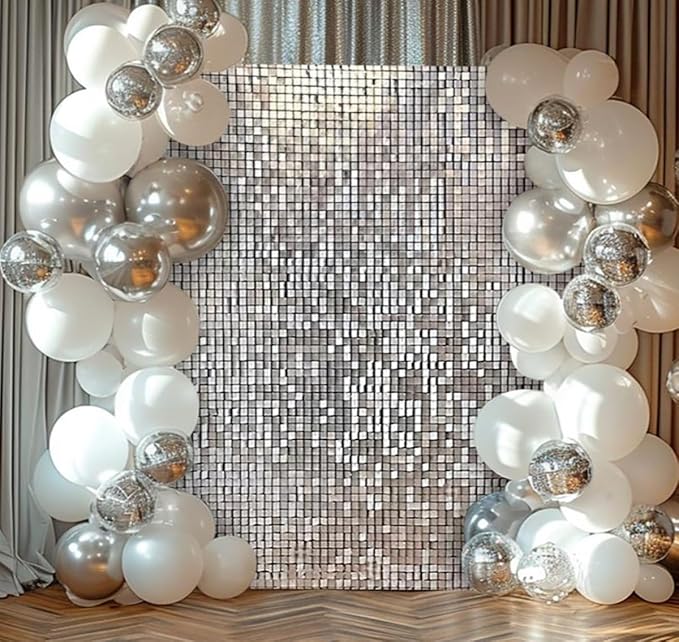 Shimmer Wall Backdrop Silver Square Sequin Wall Panel Backdrop Decor for Wedding, Anniversary, Birthday, Party, 36 Panels
